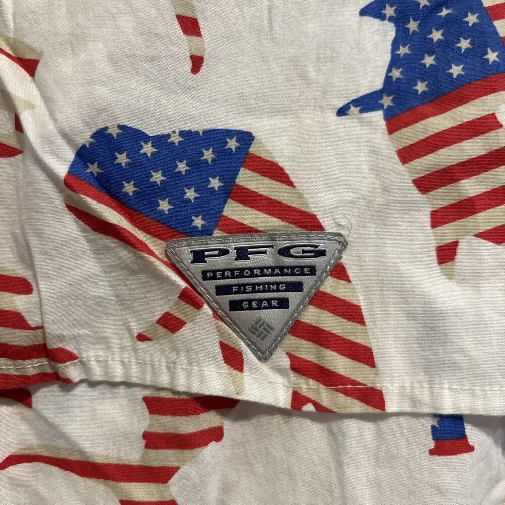 Columbia PFG American Flag Fish Shirt Men's Red White Blue Short Sleeve Large